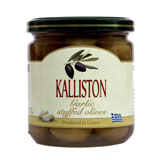 a jar of green Chalkidiki olives stuffed with garlic